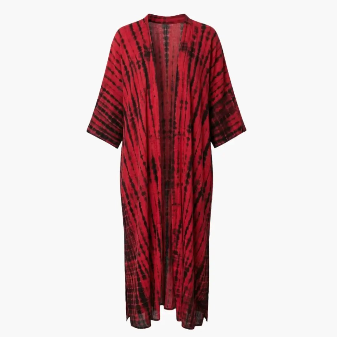 Women’s beach cover-up in red and black tie-dye with V-neck and loose sleeves