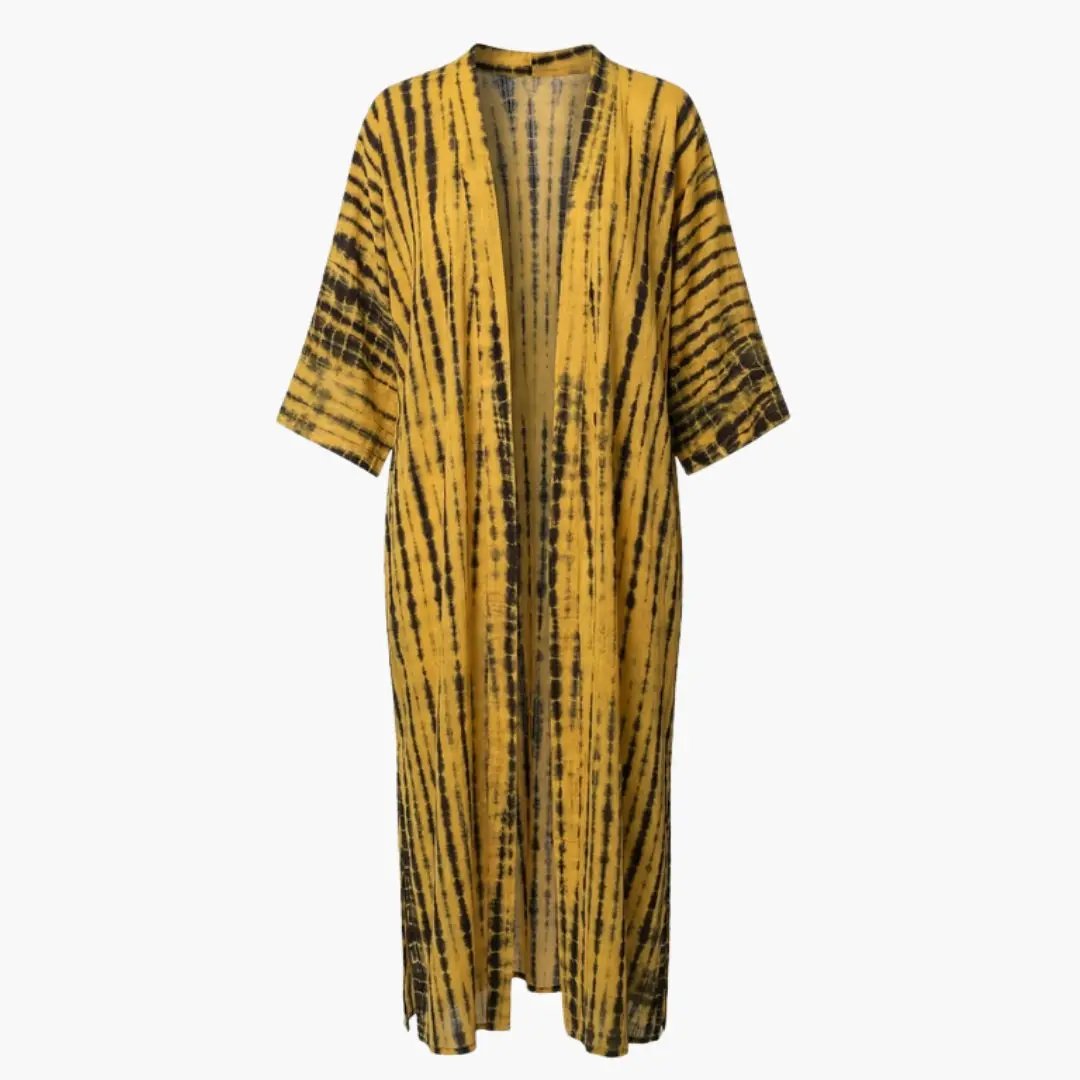 Women's beach cover up in yellow and black tie-dye with V-neck and 3/4 sleeves