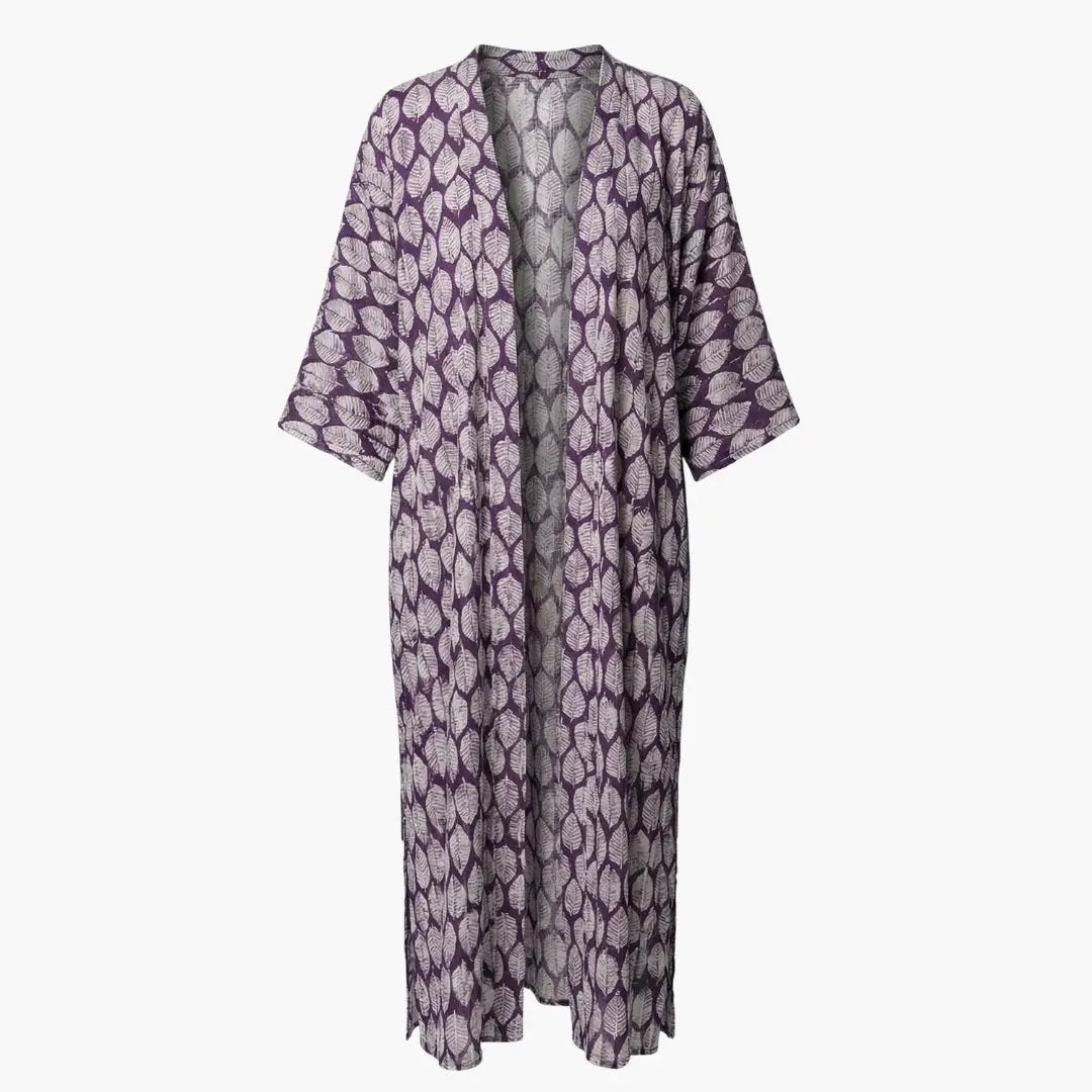 Women’s Beach Cover Up by Wilfred Smith in purple leaf print, long kimono with V-neck and wide sleeves