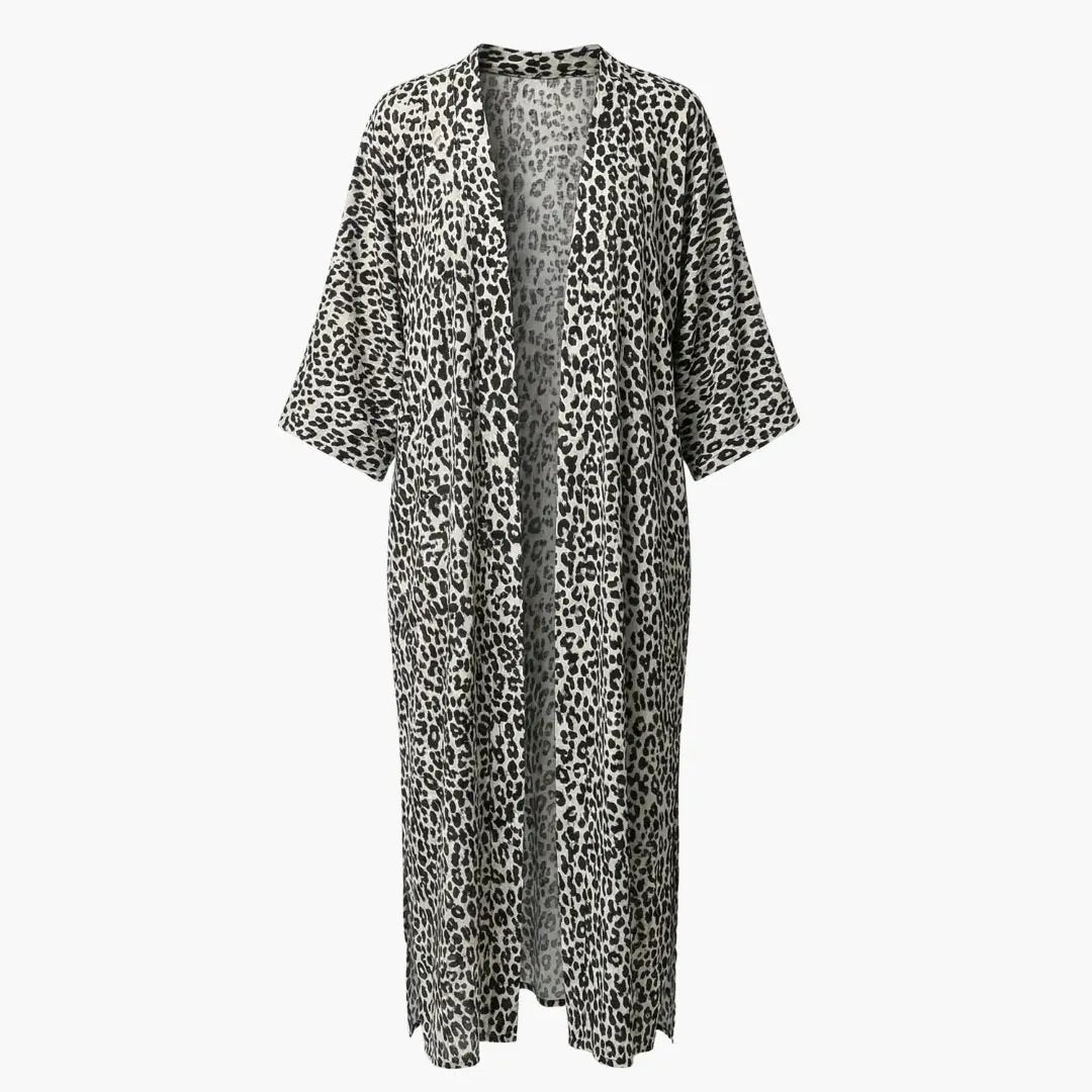 Wilfred Smith leopard print women's beach cover-up, long open-front kimono with V-neck and wide sleeves.