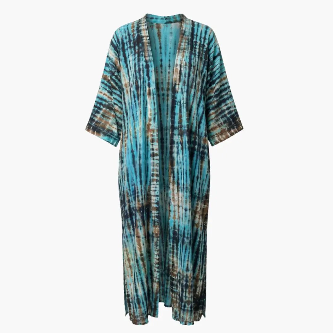 Women's Beach Cover Up with V Neck and Sleeves, long turquoise blue tie-dye pattern