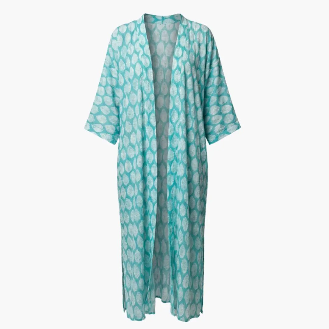 Women’s Beach Cover Up with V Neck and Sleeves in turquoise with white circular pattern, long open-front robe