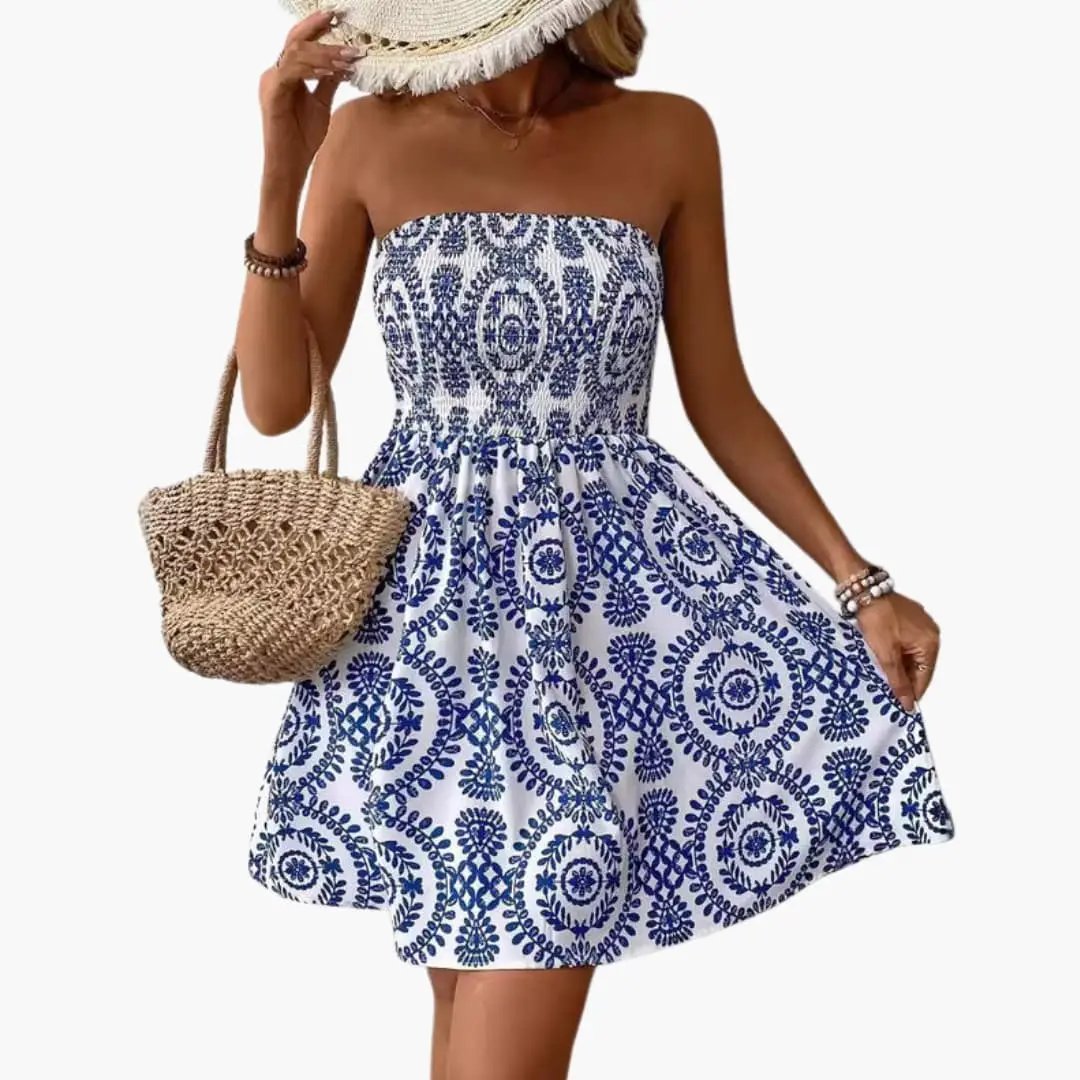 Women's Beach Dress with Elastic Bodice and Flared Hem in blue and white pattern, strapless