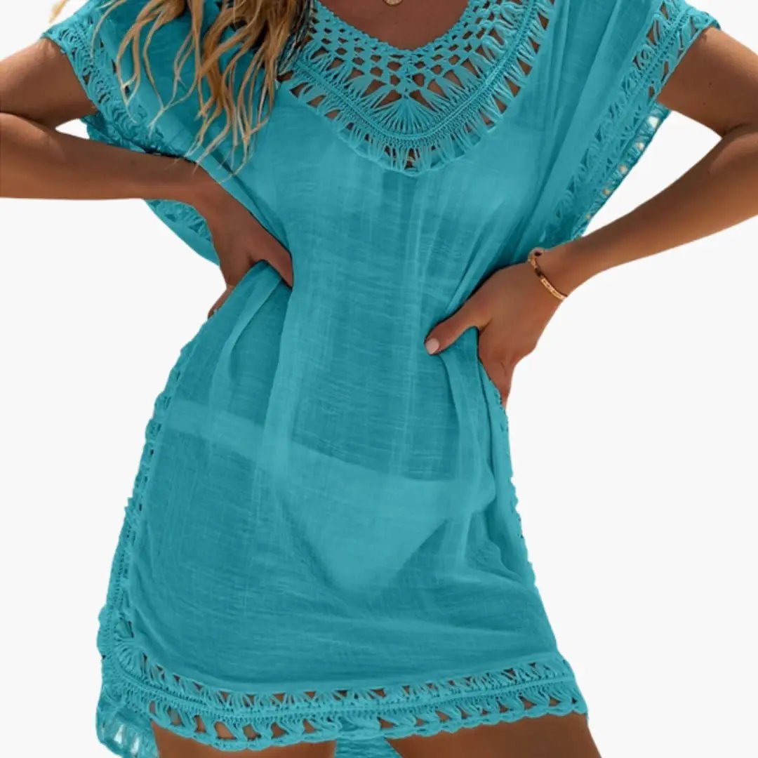Women’s teal beach dress with V-neck and crochet trim by Wilfred Smith