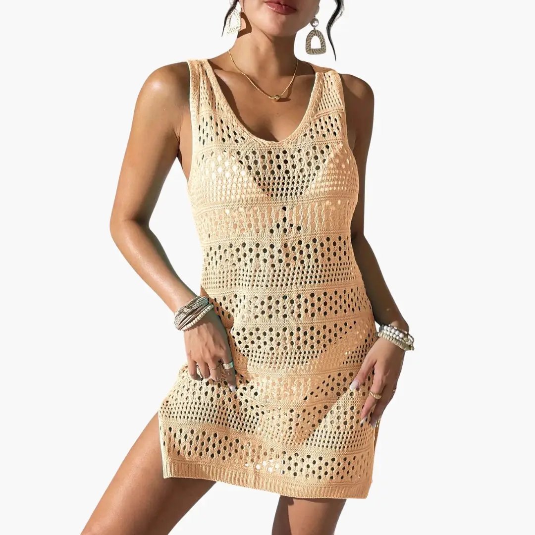 Women’s peach crochet beach sarong cover-up with V-neck and lace pattern by Wilfred Smith