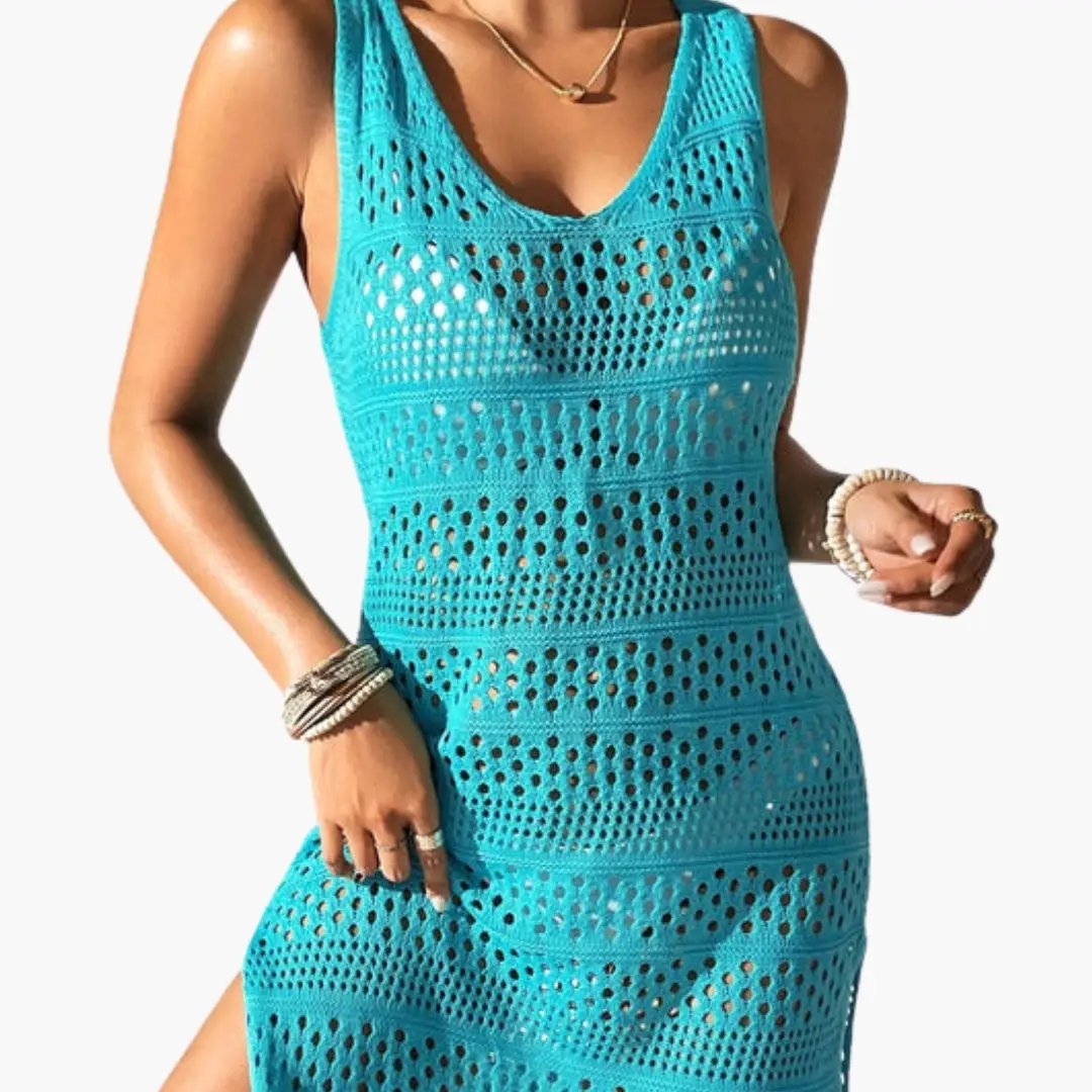 Women's beach sarong, turquoise crochet cover-up with V-neck and lace pattern