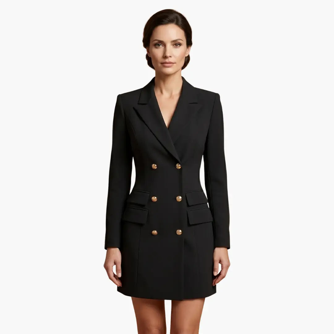 Women's blazer dress by Wilfred Smith, black mini with double-breasted gold buttons and lapels.