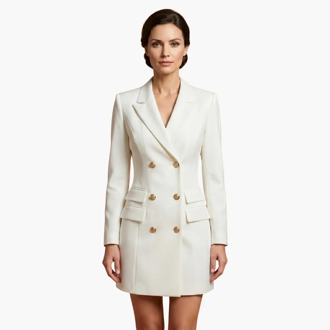 Women’s blazer dress in cream with double-breasted gold buttons, lapels and flap pockets.