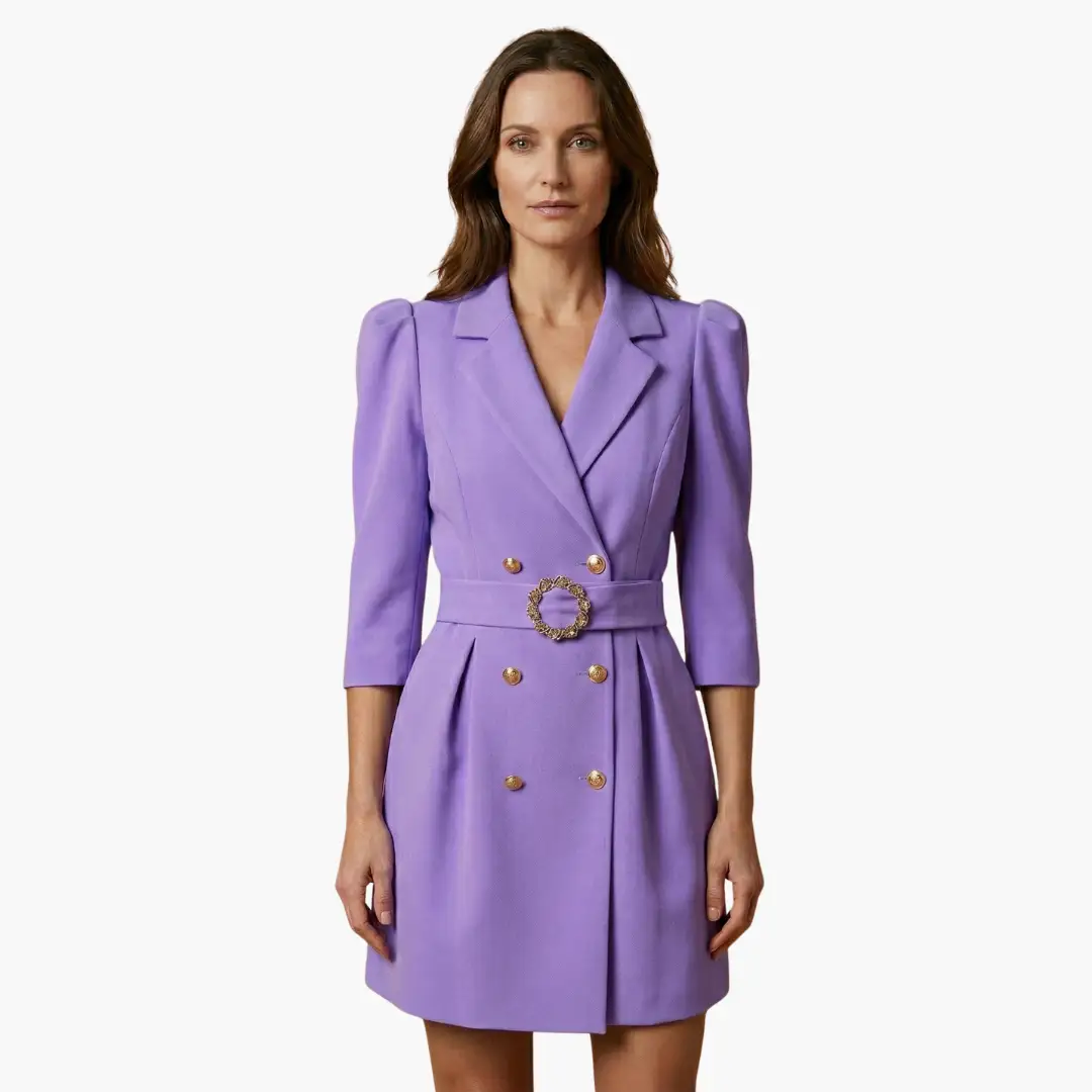 Women’s lavender blazer dress with notched collar, gold buttons, and waist belt with gold ring buckle Wilfred Smith.