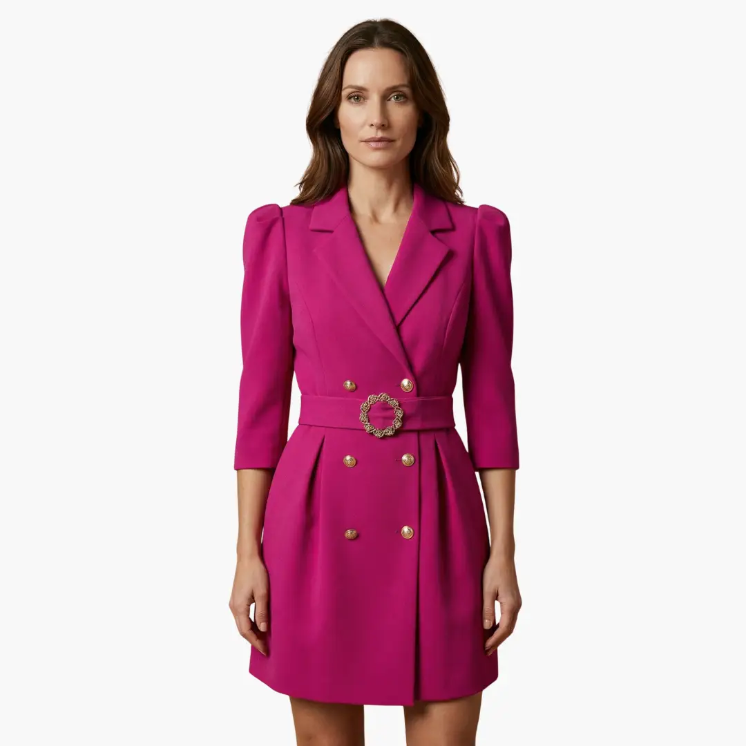 Women’s blazer dress by Wilfred Smith in magenta pink, midi-length with notched collar, gold buttons, and belt.