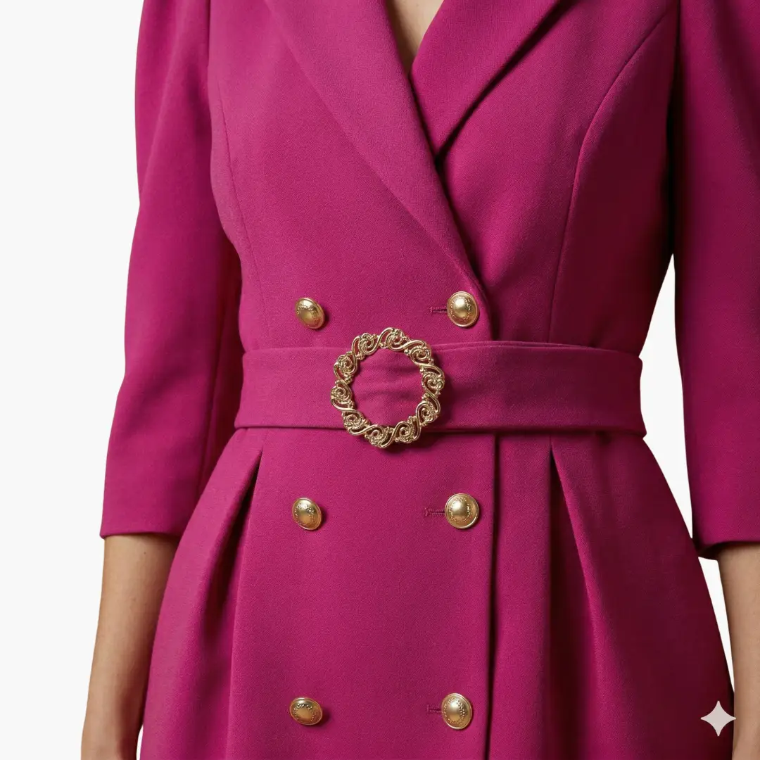 Women’s blazer dress by Wilfred Smith in magenta with notched collar, gold buttons, and ornate belt buckle.
