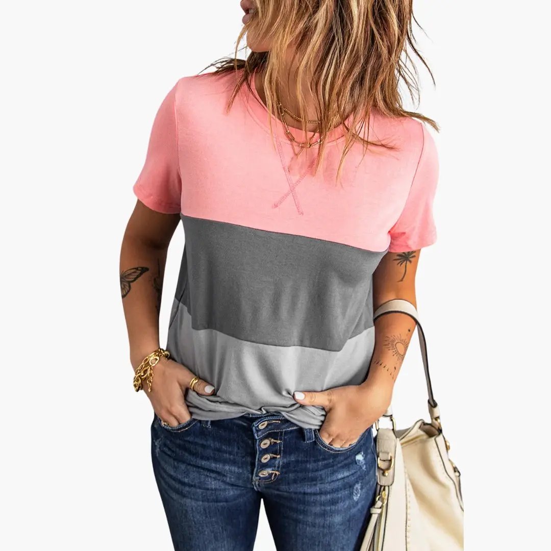 Women's block-design short-sleeve T-shirt in pink, mid-gray, and light gray blocks.