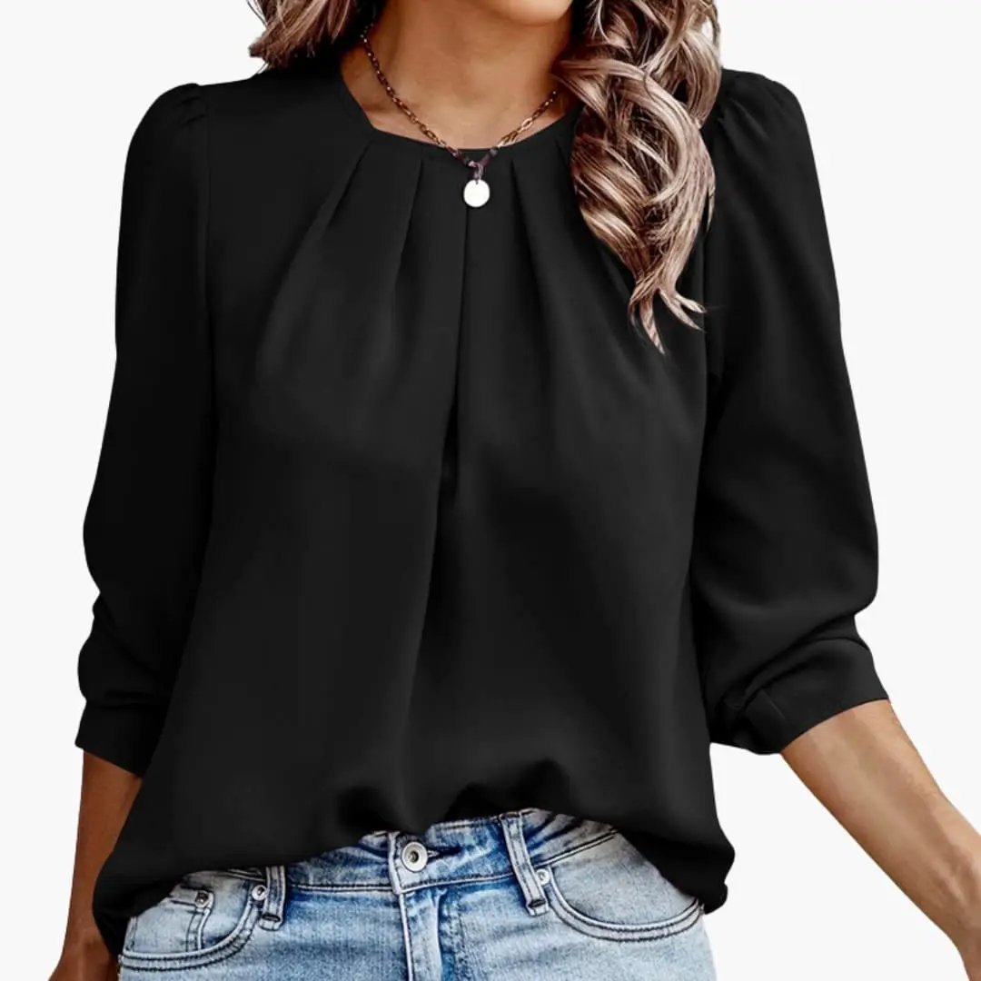 Women’s Blouse with Pleated Puff Sleeves, black fabric, long sleeves