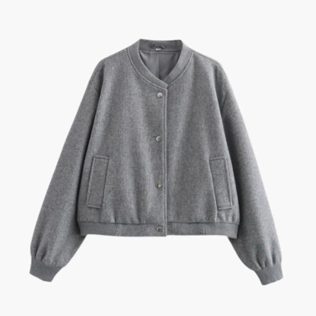 Women's bomber jacket in gray with front pockets and elastic hem