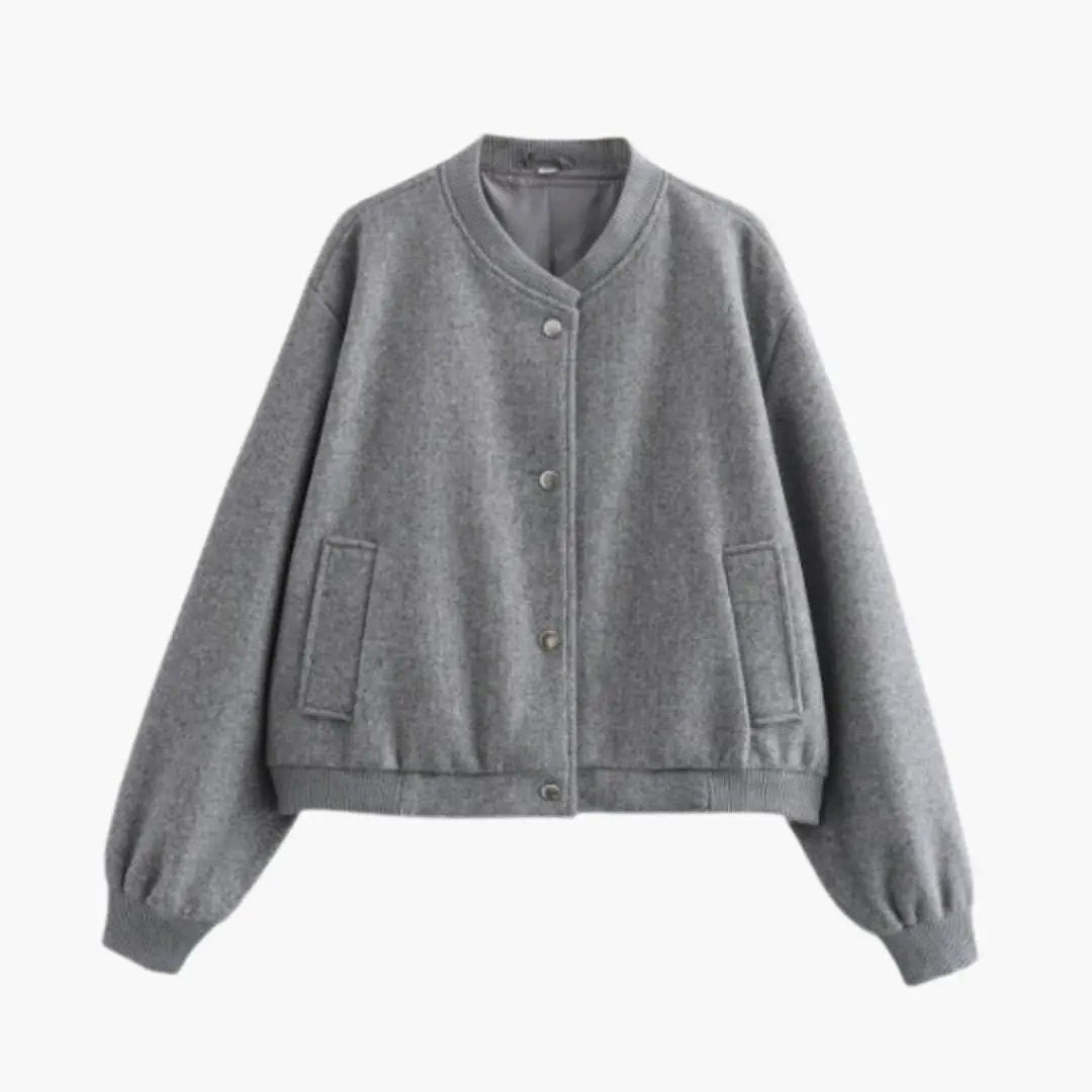 Women’s Bomber Jacket by Wilfred Smith in gray with elastic hem and side pockets, ribbed cuffs
