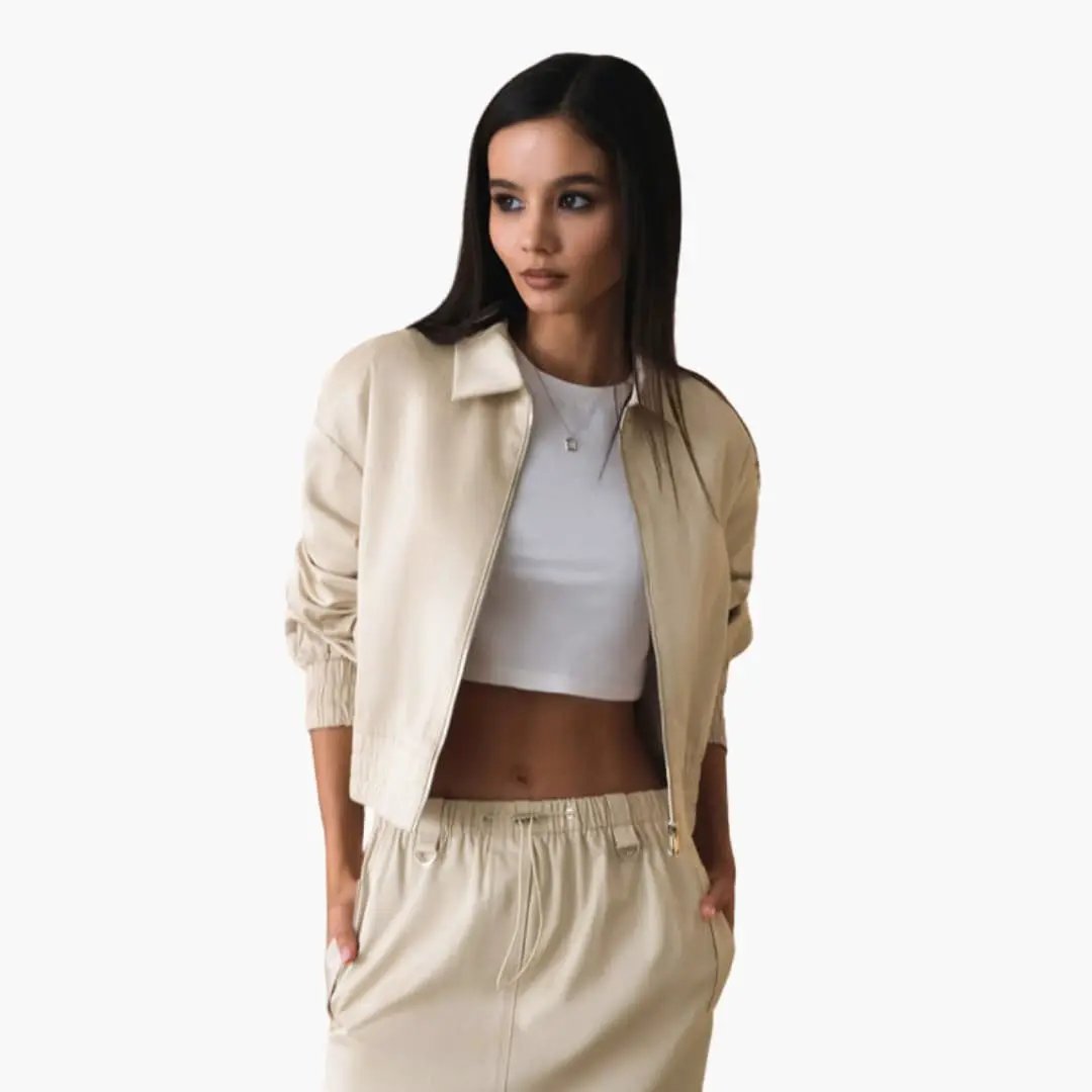 Women’s bomber jacket beige with front zip, ribbed cuffs and side pockets