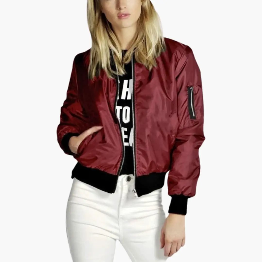 Women’s bomber jacket by Wilfred Smith, burgundy zip-front with black ribbed cuffs and hem