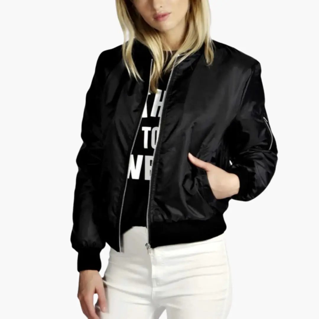 Women’s black zip-front bomber jacket with round neck
