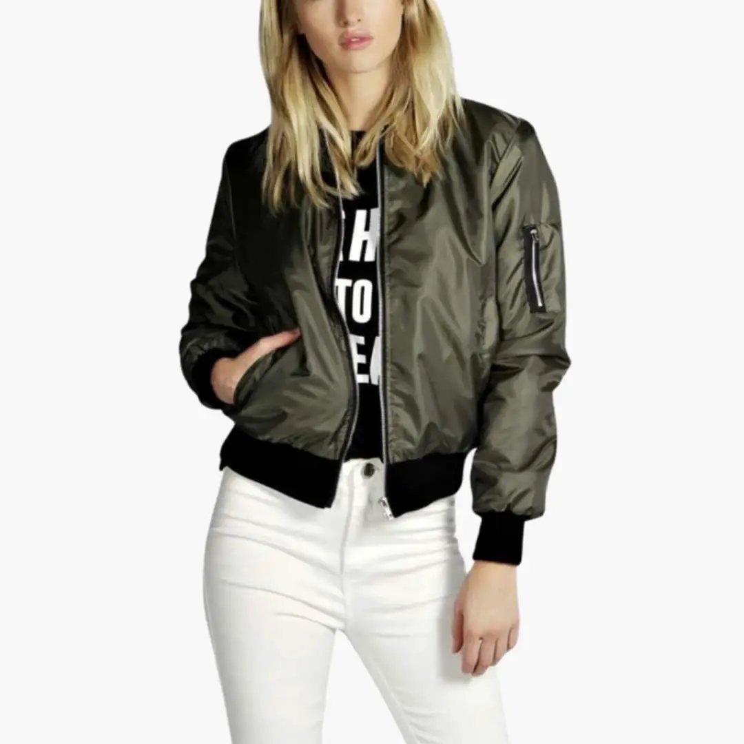 Women’s olive green bomber jacket with front zip, ribbed cuffs/hem, left sleeve zip pocket, Wilfred Smith
