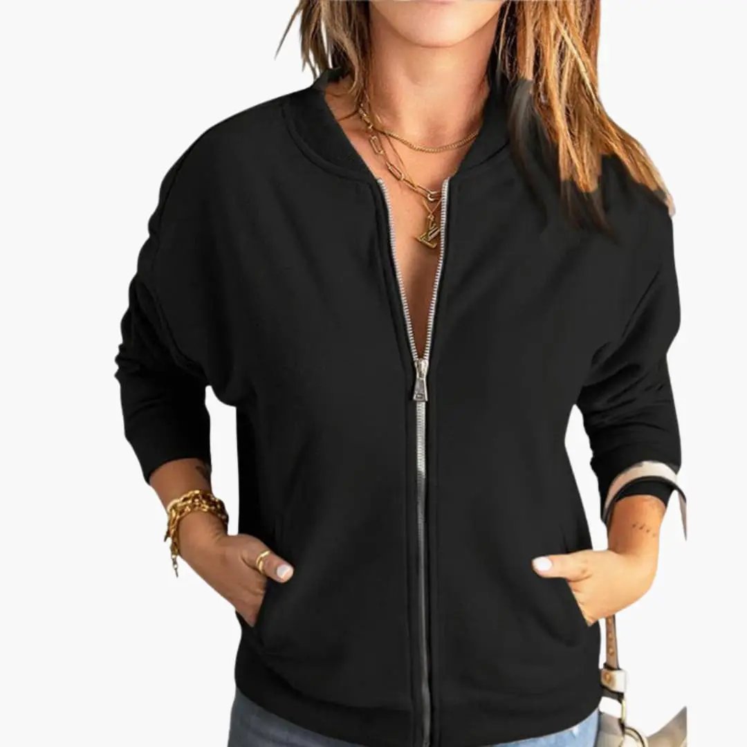 Women’s bomber jacket in black with front zipper, slim fit, and pockets