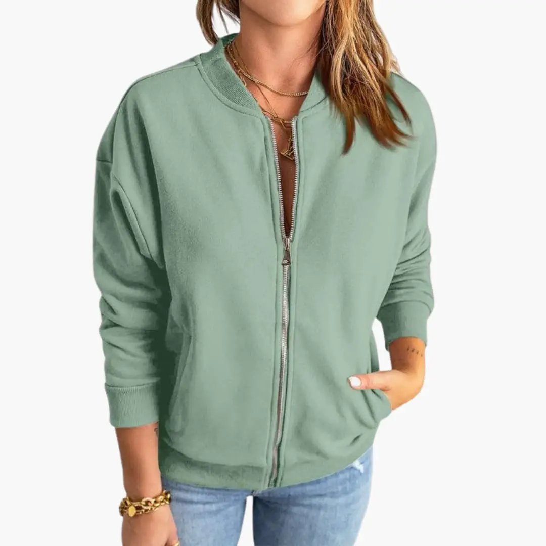 Women’s bomber jacket in sage green with front zipper and side pockets