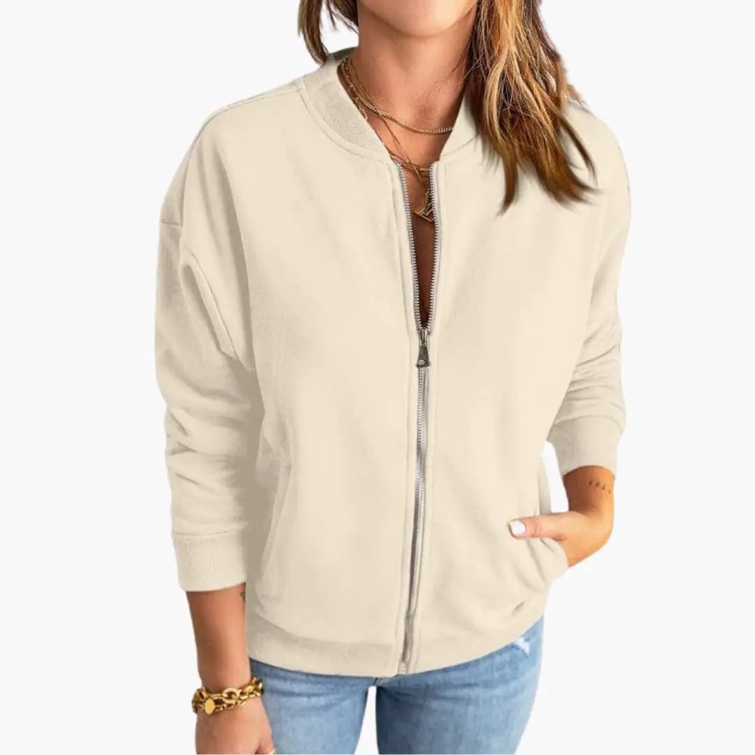 Women's bomber jacket, cream color with front zipper, slim fit