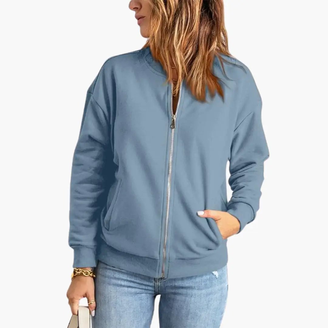 Women's bomber jacket in light blue with front zipper and slim fit
