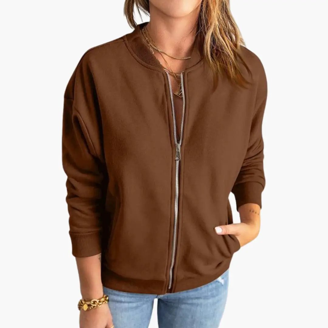 Women’s bomber jacket in brown with front zipper and slim fit