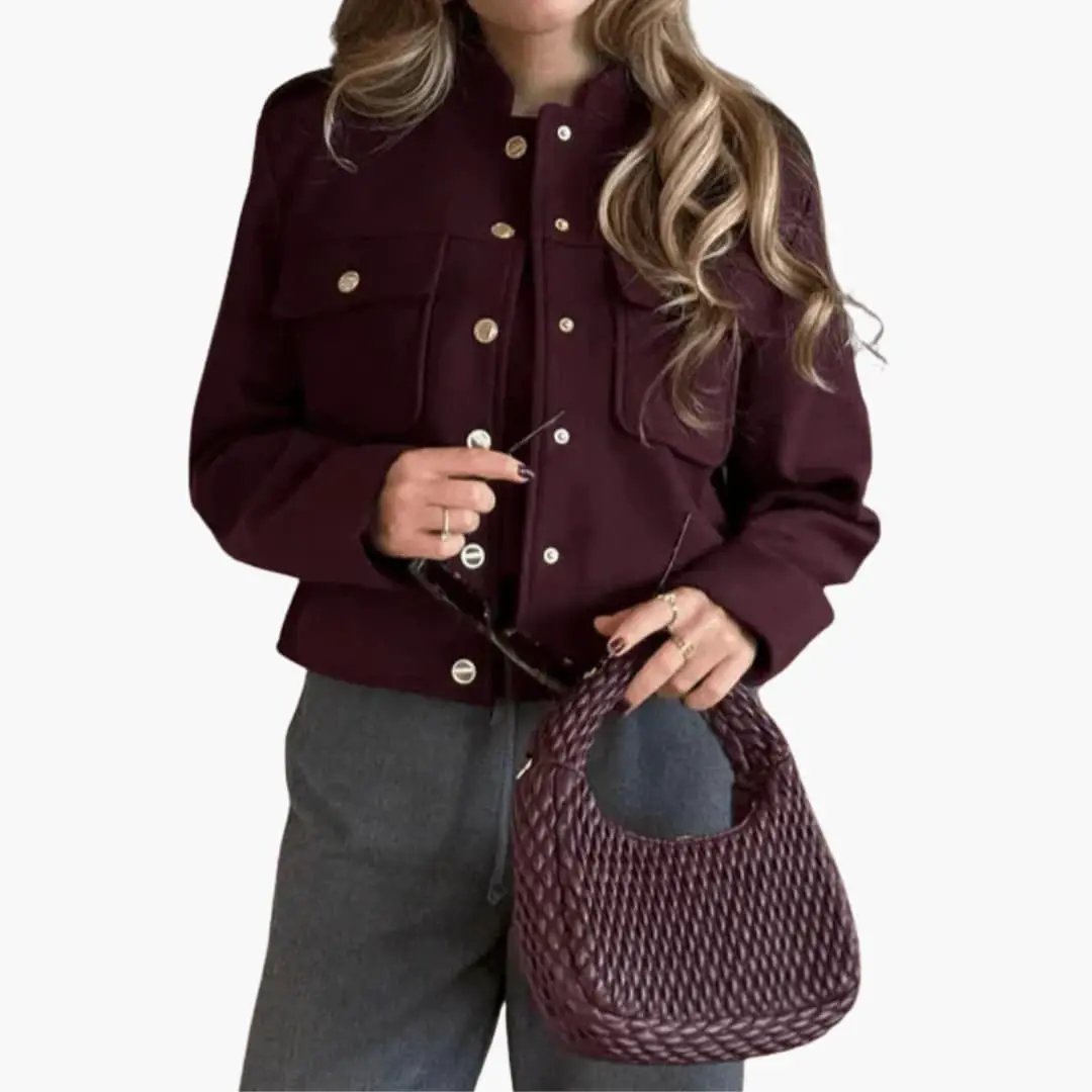 Women's Bomber Jacket by Wilfred Smith in burgundy with gold-tone buttons and front pockets