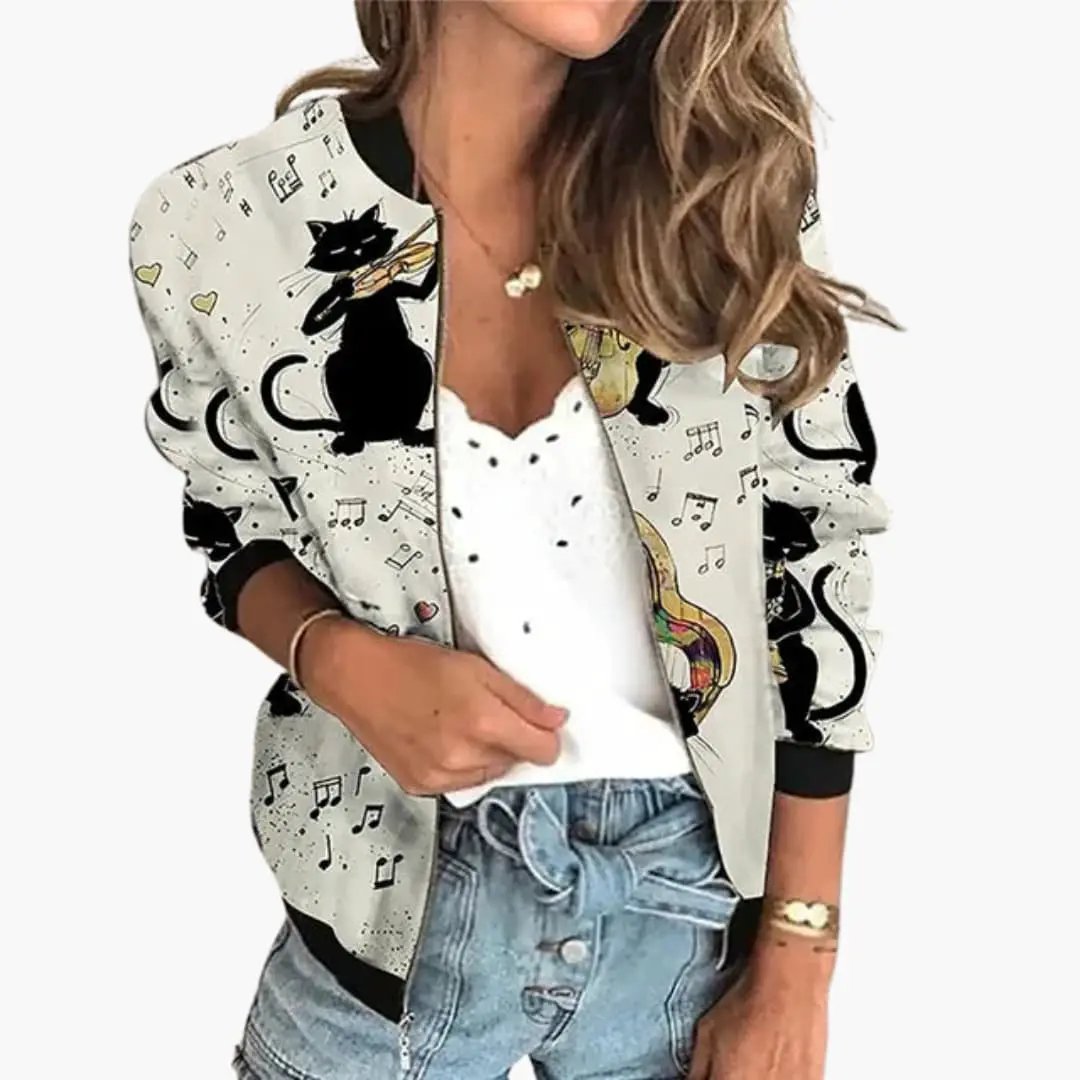 Women's white bomber jacket with printed surface featuring black cat silhouettes and music notes, Wilfred Smith