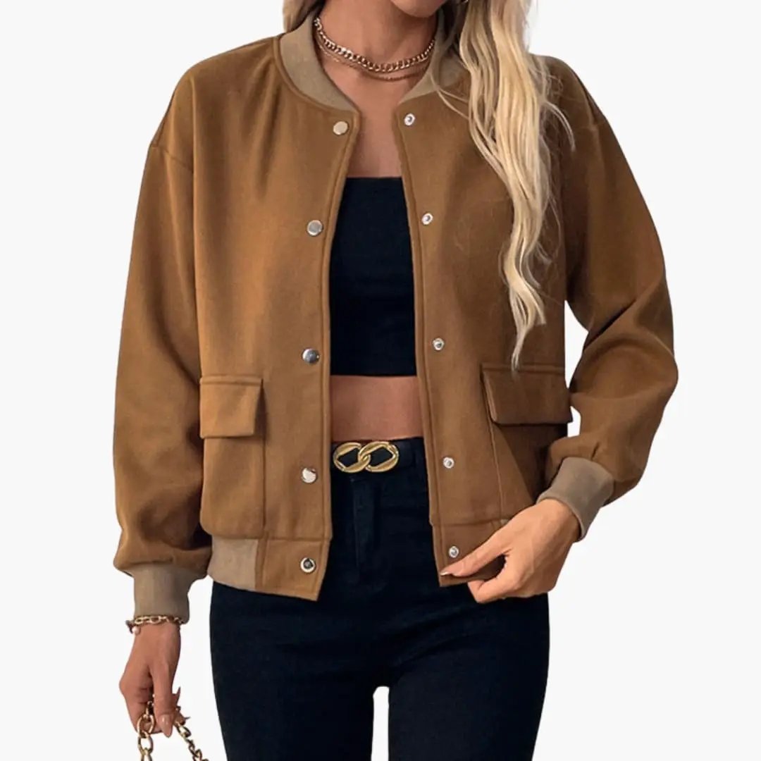 Women’s bomber jacket in camel brown with snap button front and side pockets