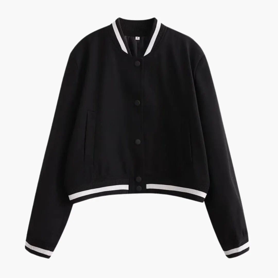Women’s bomber jacket by Wilfred Smith, black with zip front, front pockets, white striped ribbing at collar.