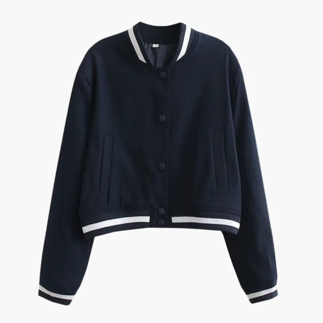Women's navy bomber jacket with white striped ribbing, front pockets, button closure