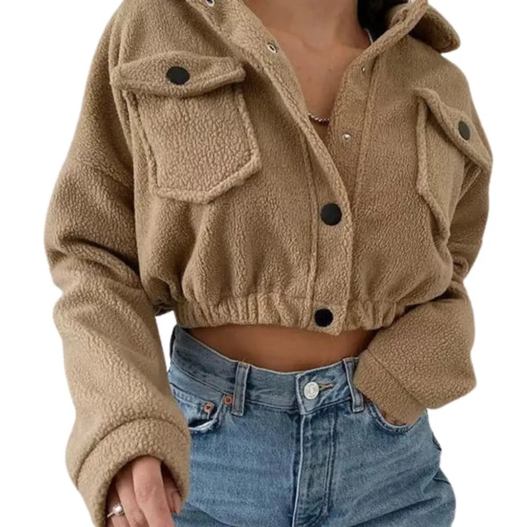 Women's tan teddy fleece bomber jacket with zip front, cropped hem and ribbed cuffs