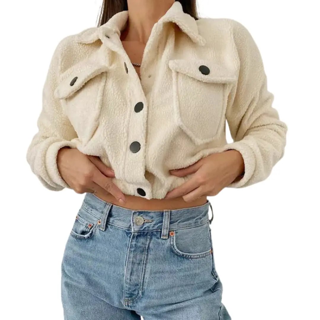 Women’s cream sherpa bomber jacket with front button closure and two flap pockets