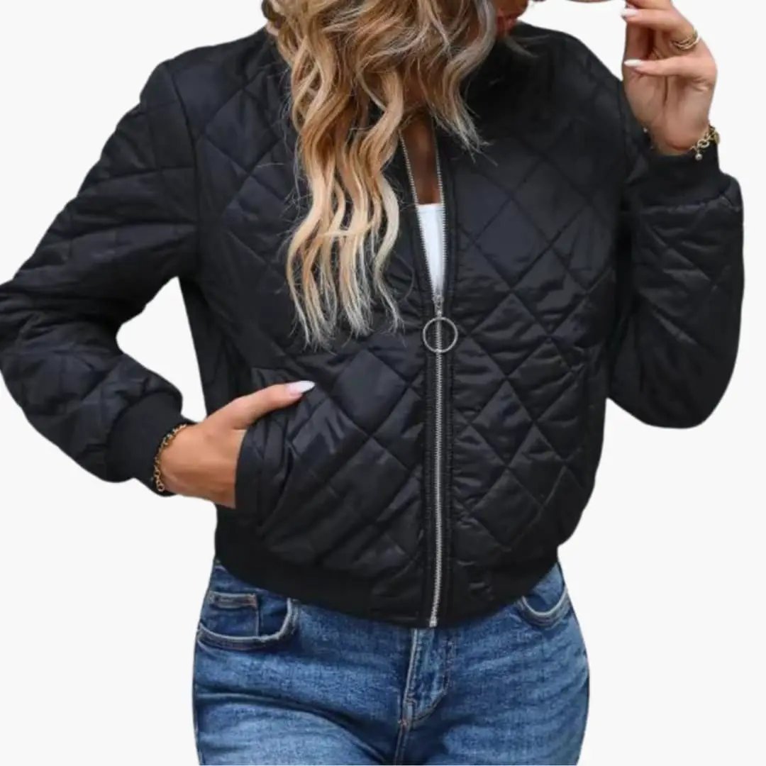 Women’s Bomber Jacket by Wilfred Smith, quilted black with zip and ribbed hem