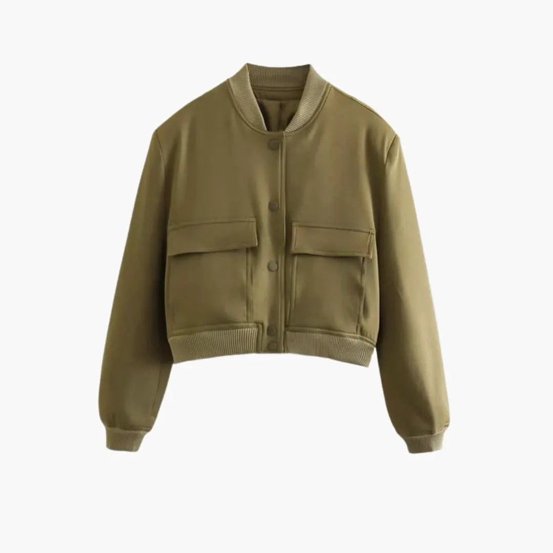 Wilfred Smith Women’s Bomber Jacket olive with front flap pockets and ribbed cuffs