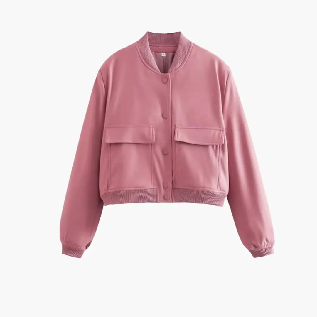 Women's bomber jacket by Wilfred Smith in pink with zip front, flap pockets, and ribbed cuffs