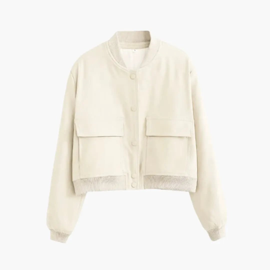 Women's bomber jacket by Wilfred Smith in cream with zip front, ribbed cuffs and large front pockets