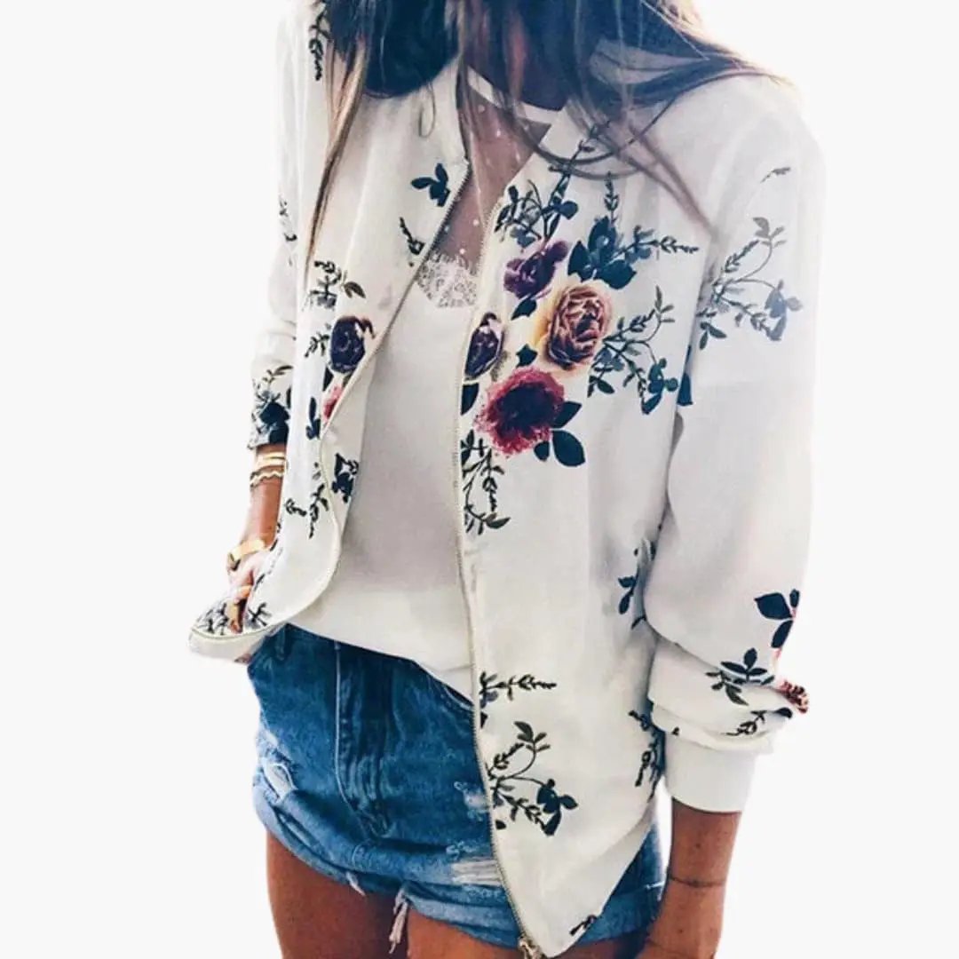 Women’s floral bomber jacket with zipper, cream color, long sleeves