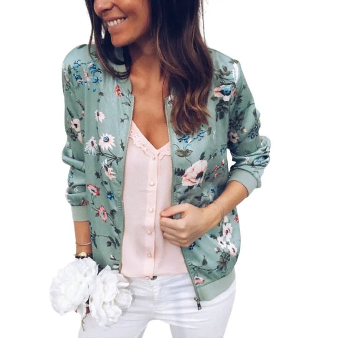Women's Bomber Jacket with Zipper and Long Sleeves in mint floral print, Wilfred Smith.
