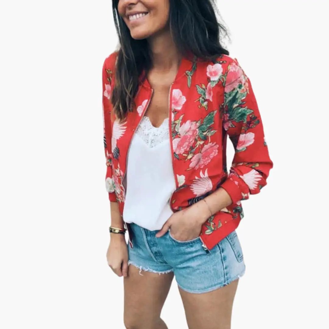 Women’s bomber jacket with red floral print, front zipper, and long sleeves.