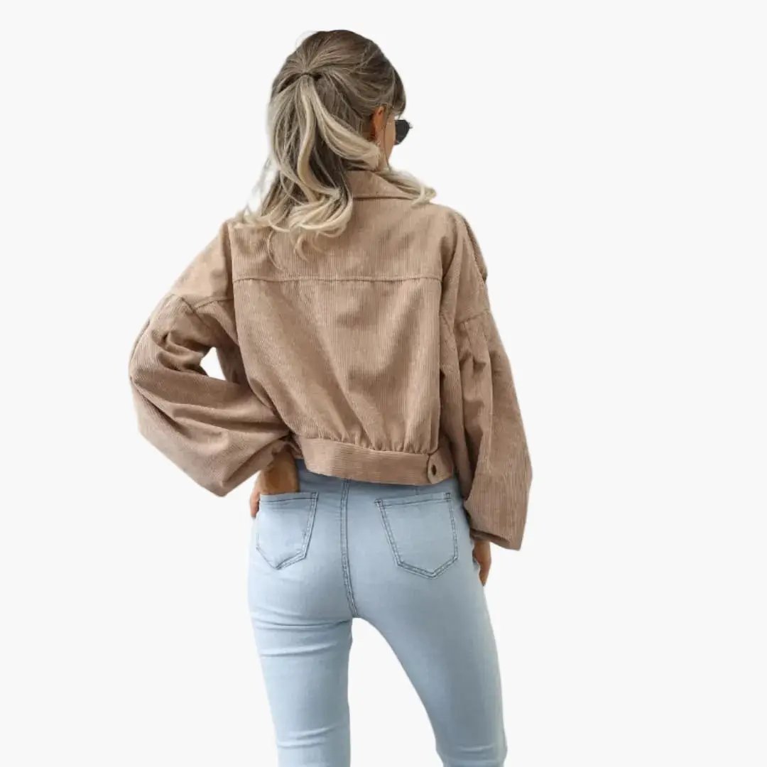 Women’s bomber jacket Wilfred Smith in tan corduroy with belted waist and oversized sleeves.