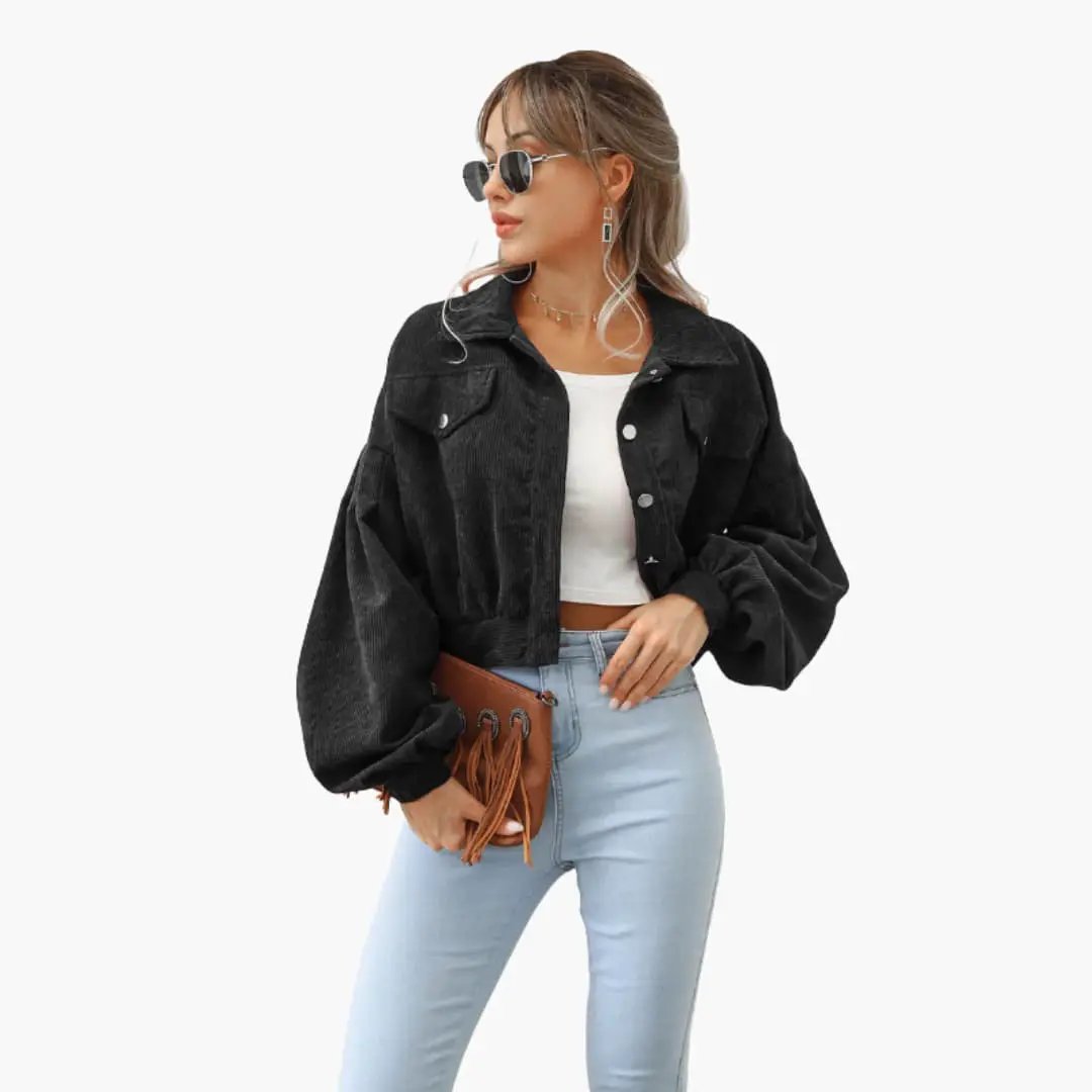 Women’s bomber jacket in black corduroy with cropped hem and front pockets