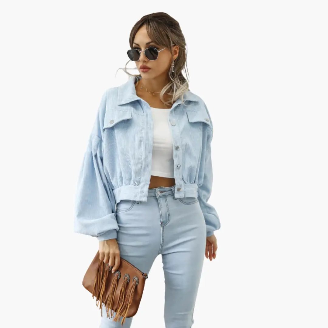 Women’s light blue denim bomber jacket with zipper and front pockets, cropped fit