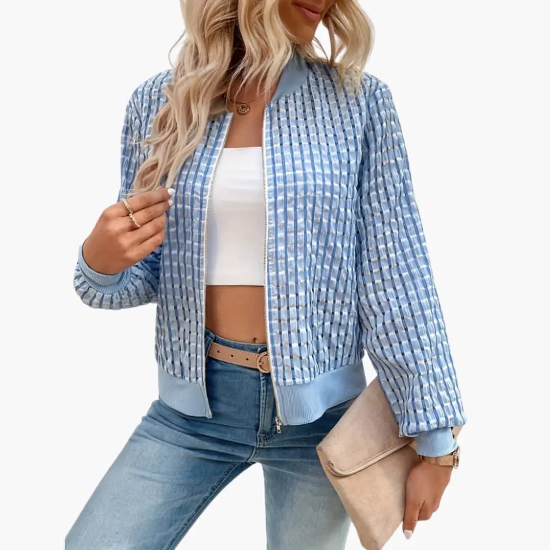 Women’s bomber jacket by Wilfred Smith in light blue checkered fabric with zipper