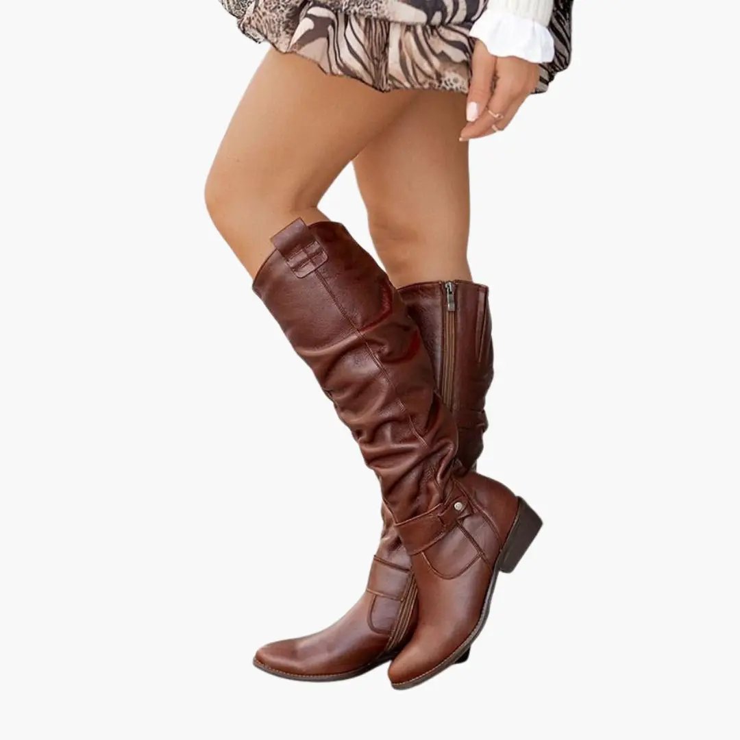 Women's knee-high boots by Wilfred Smith, brown leather with side zipper and low heel