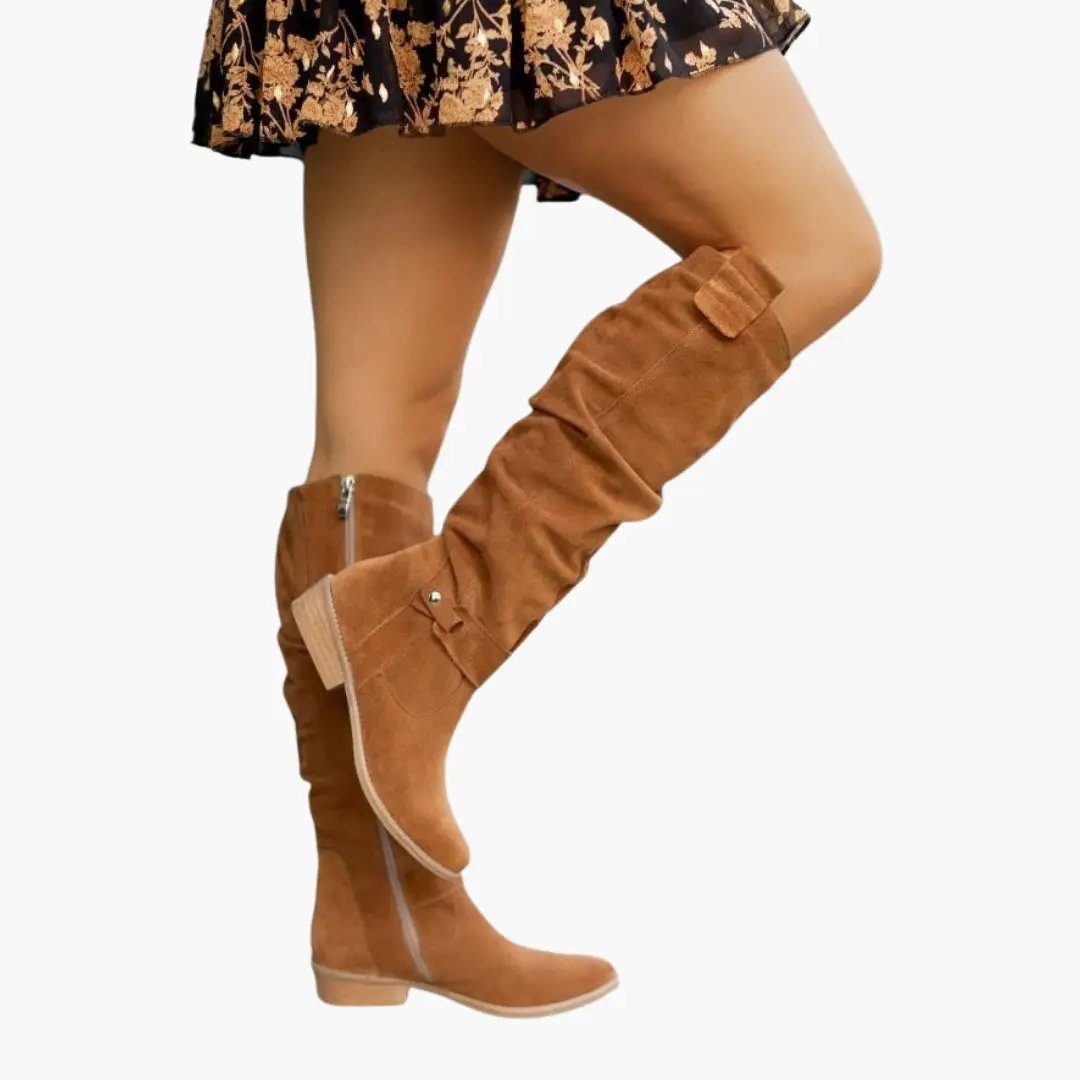 Women’s knee-high suede boots with side zipper and low heel in tan brown