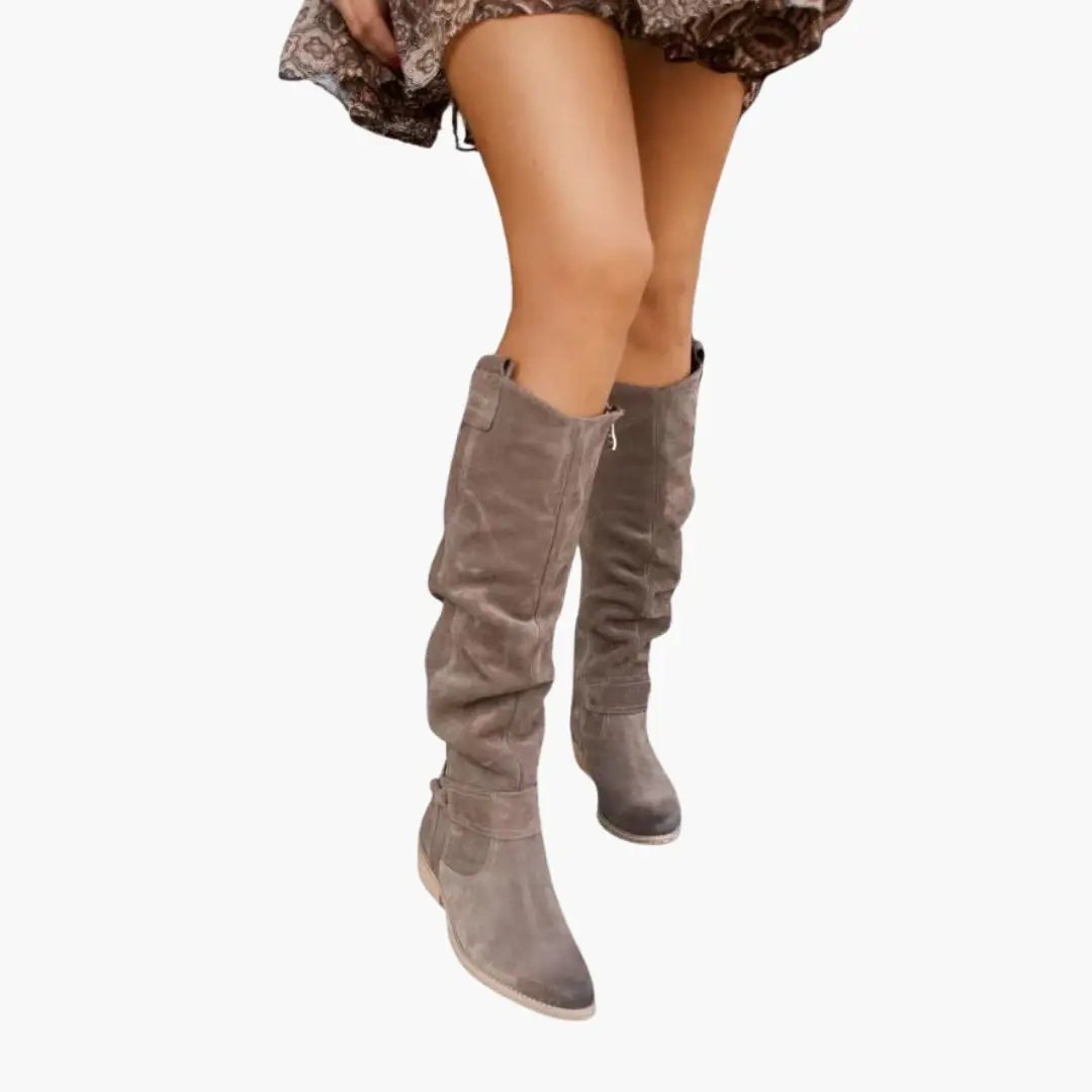 Wilfred Smith women's knee-high taupe suede boots with side zipper and low heel.