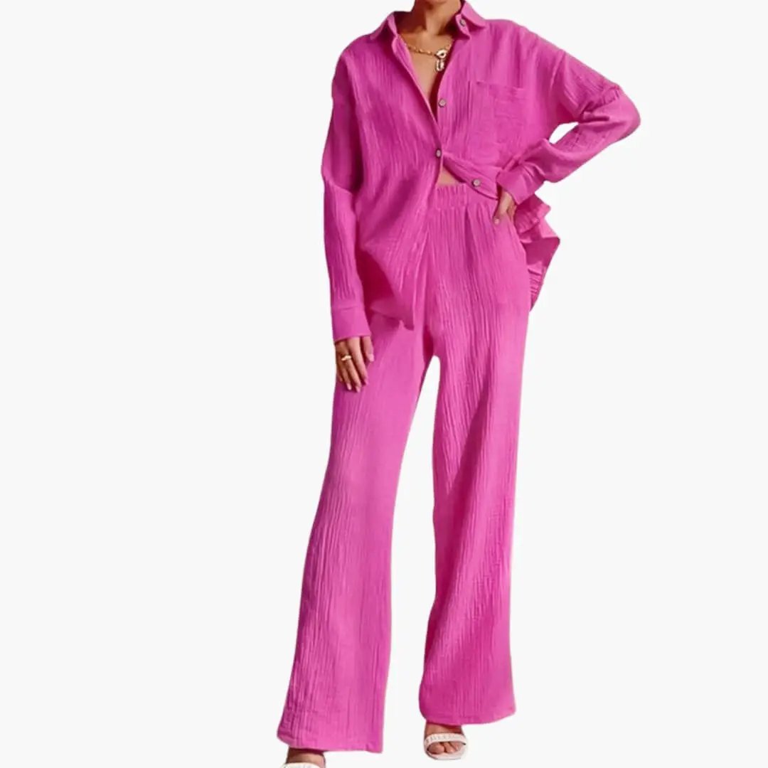 Women's pink button-down shirt and wide-leg pants two-piece outfit set